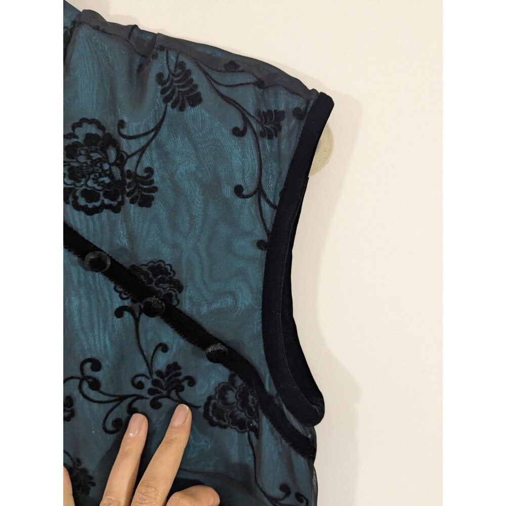 Vintage Dark Green Burnout Velvet Asian Inspired Mandarin Collar Maxi Dress Sz 8 - Picture 7 of 9